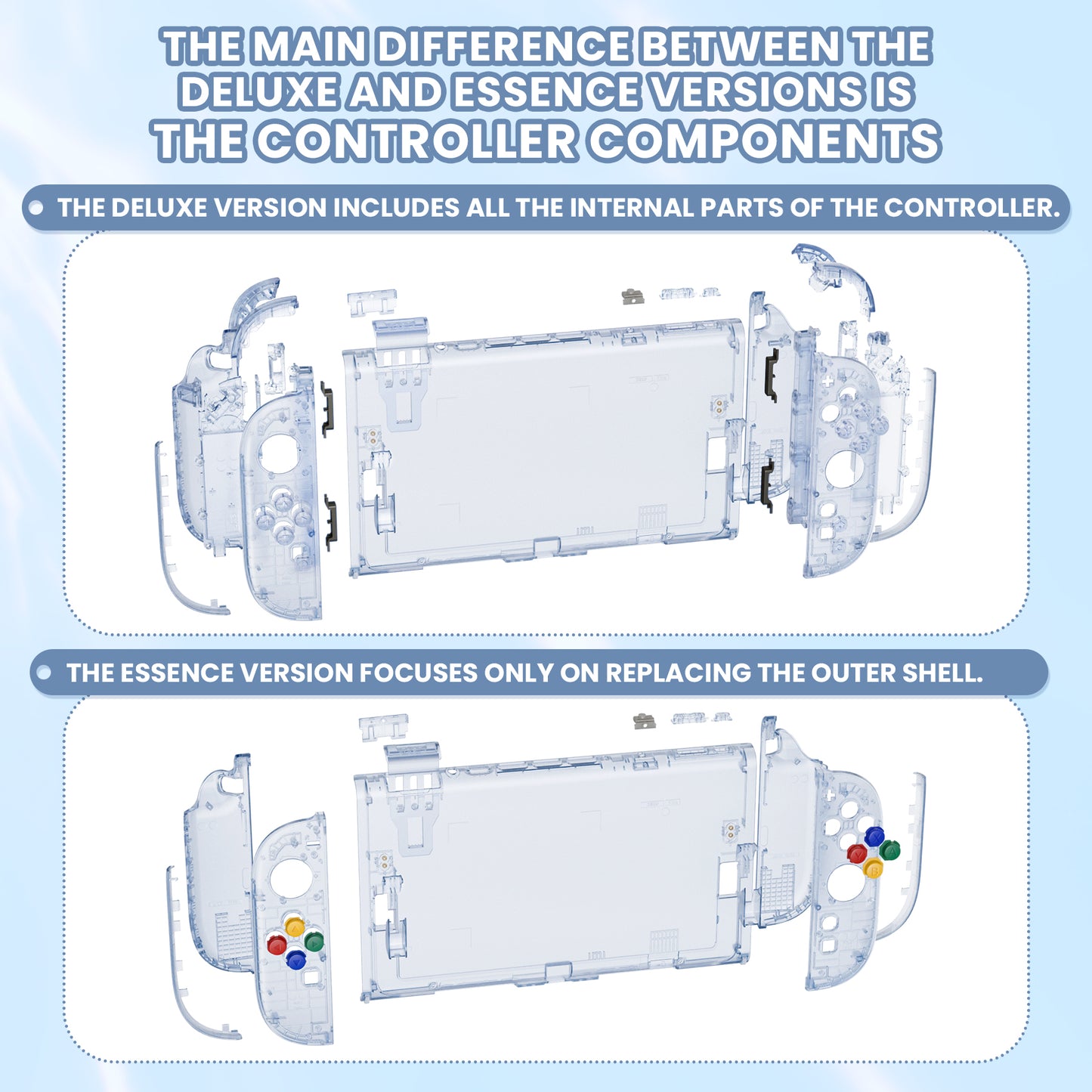eXtremeRate DIY Replacement Full Set Shells with Buttons for Nintendo Switch 2 - Essence Version - Clear Glacier Blue
