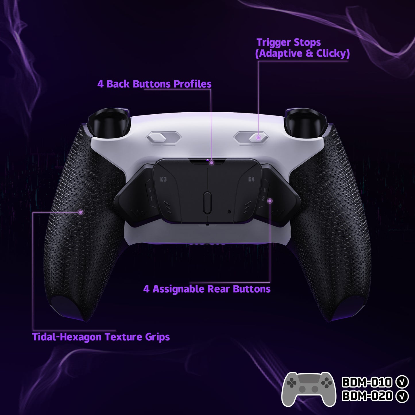 eXtremeRate RISE4 Plus MAX Back Paddles Kit with Clicky Trigger Stops & Rubberized Grip for PS5 Controller BDM-010/020 - White Black - Black