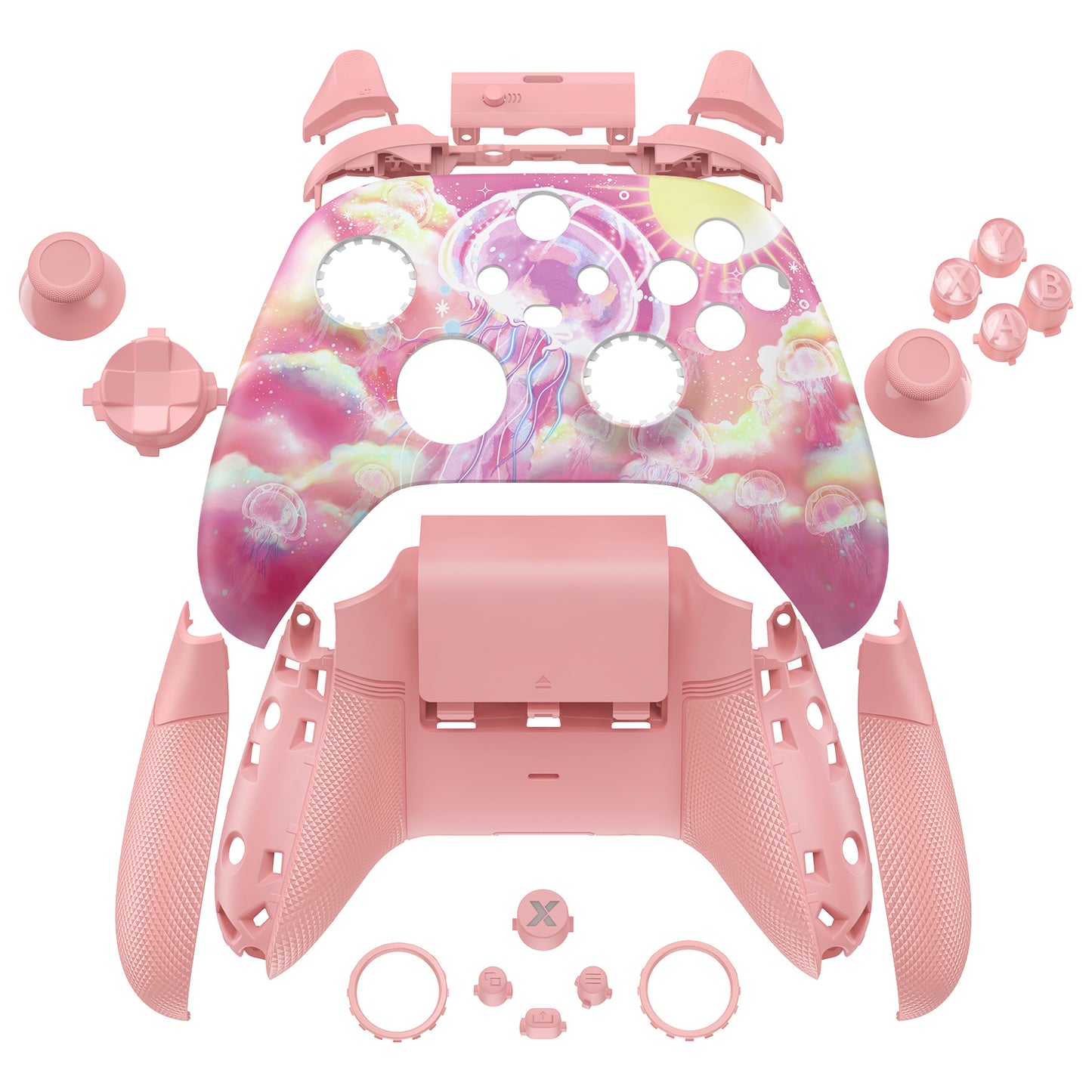 eXtremeRate ASR Version Performance Rubberized Full Set Shell Buttons with Redesigned Grip Diamond Texture Handles Backplate Case for Xbox Series X/S Controller & Xbox Core Controller - Pinky Jellyfish Heaven