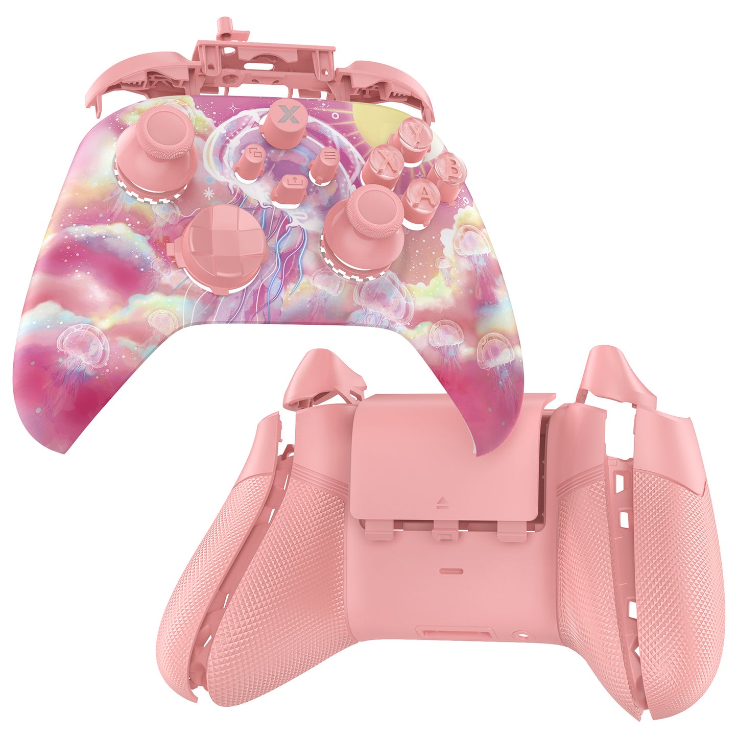 eXtremeRate ASR Version Performance Rubberized Full Set Shell Buttons with Redesigned Grip Diamond Texture Handles Backplate Case for Xbox Series X/S Controller & Xbox Core Controller - Pinky Jellyfish Heaven