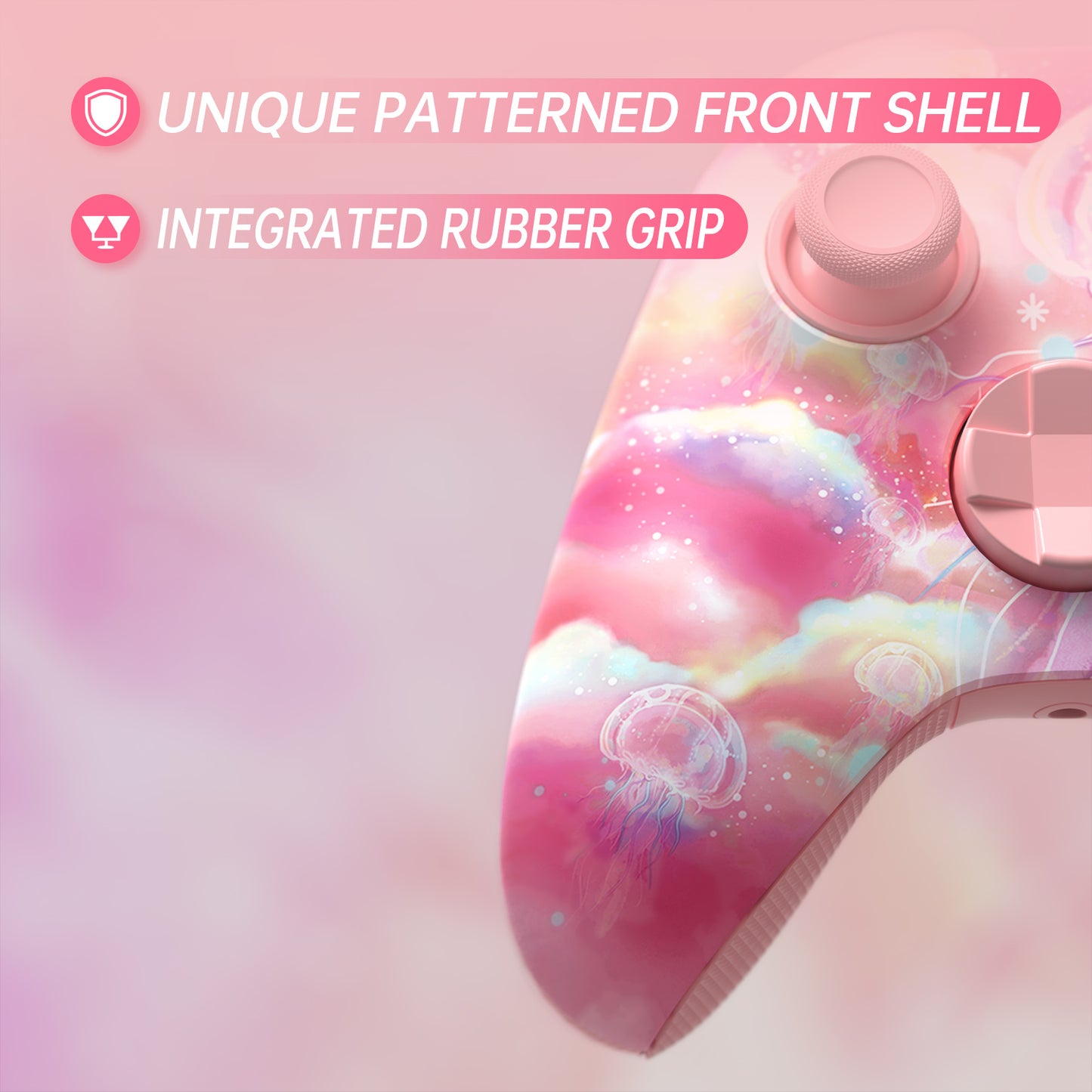 eXtremeRate ASR Version Performance Rubberized Full Set Shell Buttons with Redesigned Grip Diamond Texture Handles Backplate Case for Xbox Series X/S Controller & Xbox Core Controller - Pinky Jellyfish Heaven