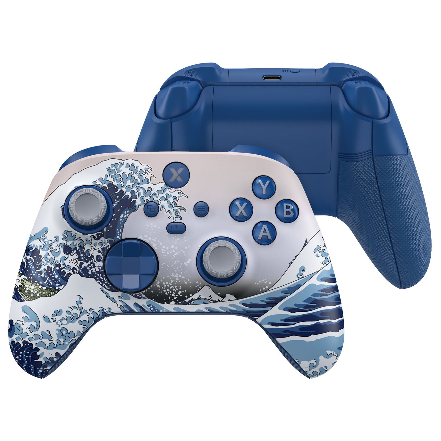 eXtremeRate ASR Version Performance Rubberized Full Set Shell Buttons with Redesigned Grip Diamond Texture Handles Backplate Case for Xbox Series X/S Controller & Xbox Core Controller - The Great Wave eXtremeRate
