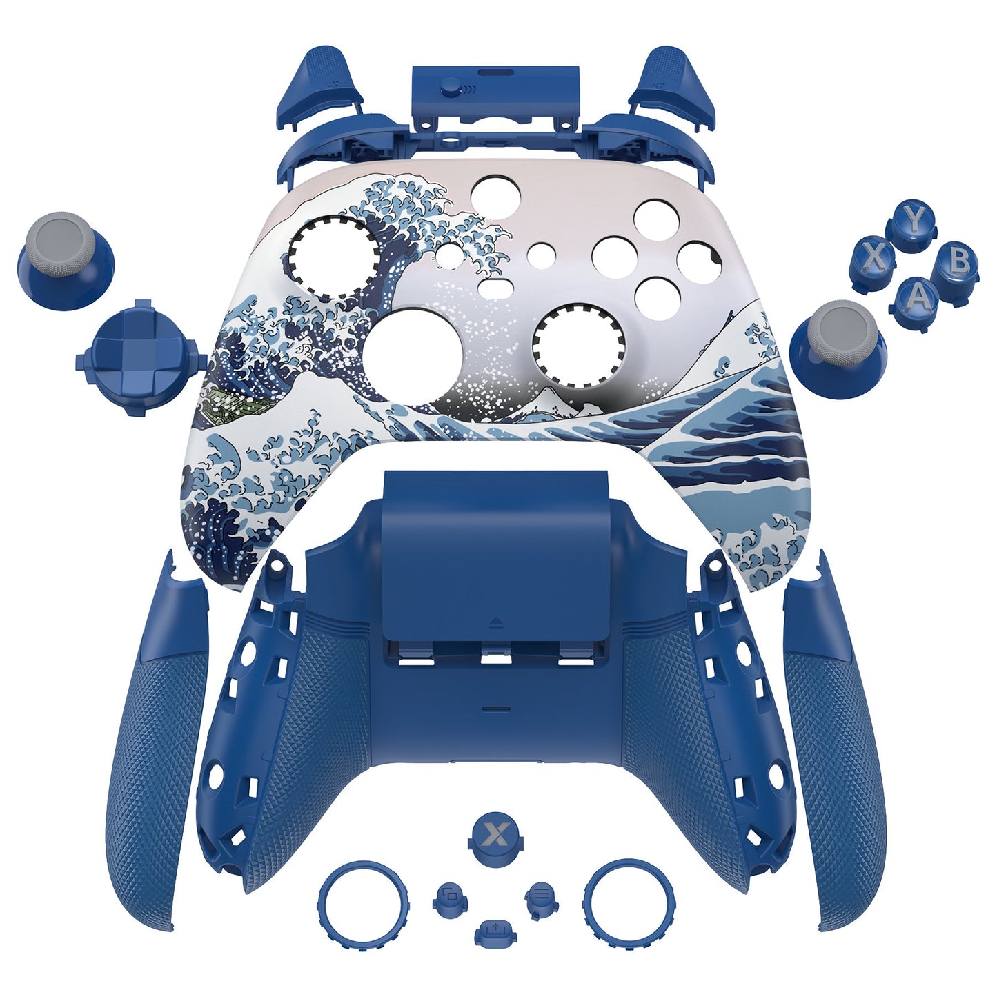 eXtremeRate ASR Version Performance Rubberized Full Set Shell Buttons with Redesigned Grip Diamond Texture Handles Backplate Case for Xbox Series X/S Controller & Xbox Core Controller - The Great Wave eXtremeRate