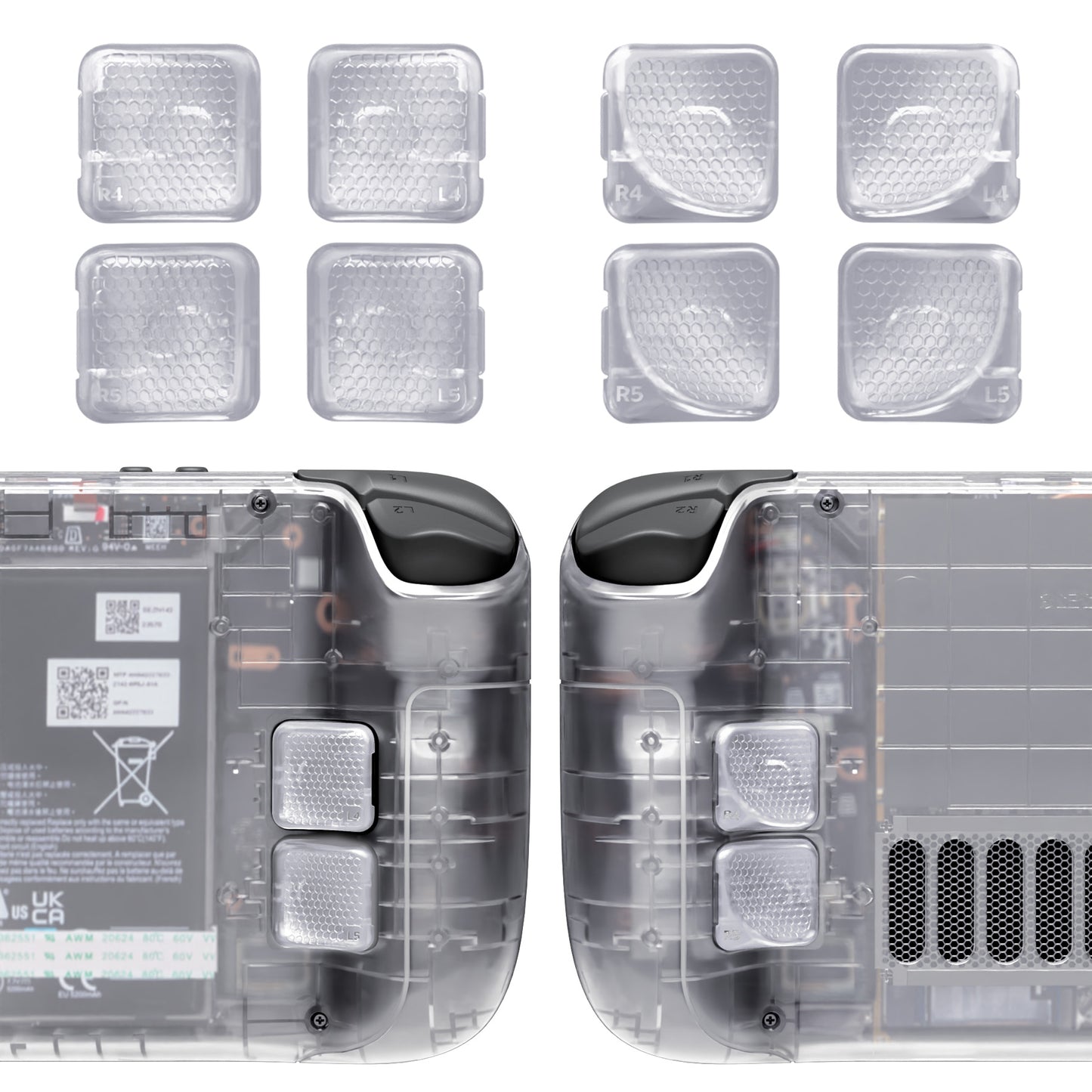 eXtremeRate Interchangeable Back Buttons Bottom Shell for Steam Deck LCD & OLED - with 2 Height Adjustable Buttons - Clear