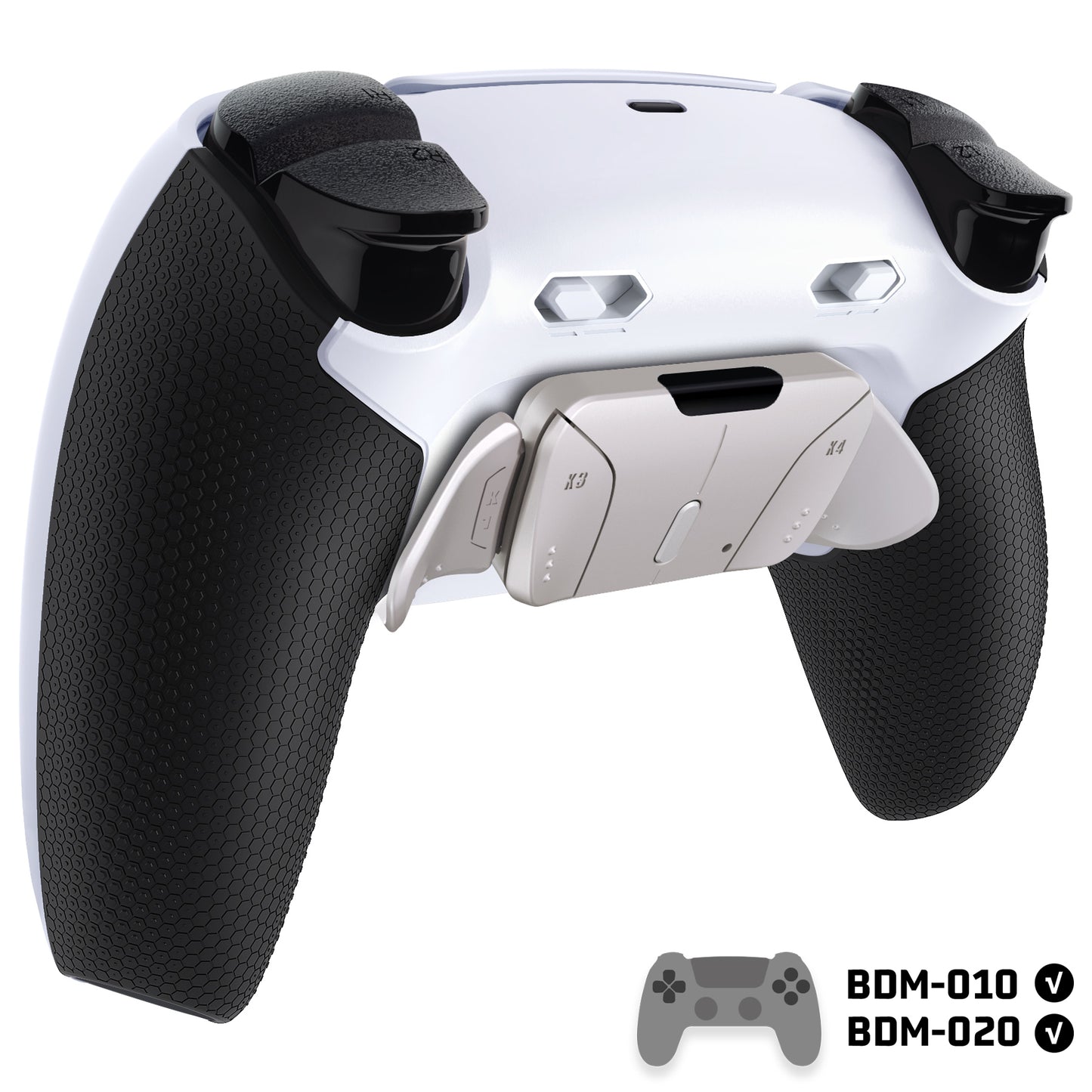 eXtremeRate Real Metal Buttons (RMB) Version RISE4 Plus MAX Back Paddles Kit with Clicky Trigger Stops & Rubberized Grip for PS5 Controller BDM-010/020 - White Black - Silver