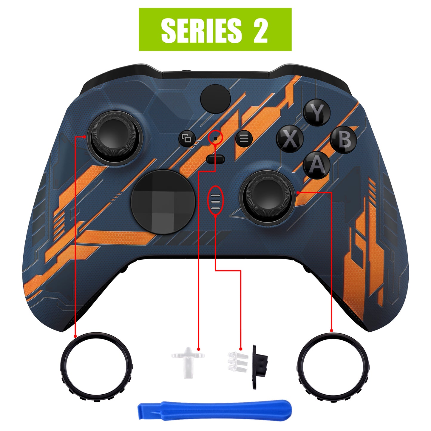 eXtremeRate Replacement Front Housing Shell Case with Accent Rings for Xbox One Elite Series 2 & Elite 2 Core Controller (Model 1797) - Glow in Dark Mecha - Yellow