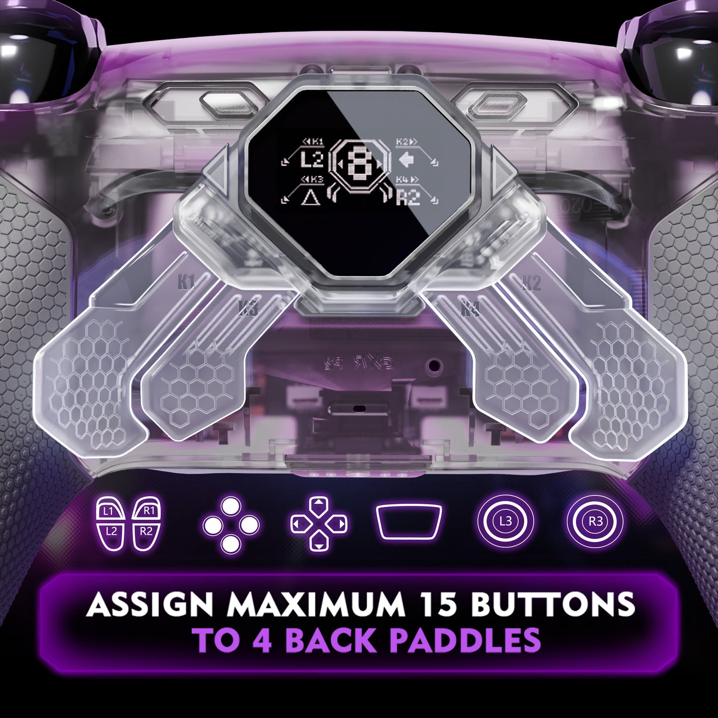 eXtremeRate SPARK Back Paddles Kit with OLED Display & Clicky Trigger Stops & Ergonomic Grips for PS5 Controller BDM-030/040/050 - Rubberized Clear & Gray