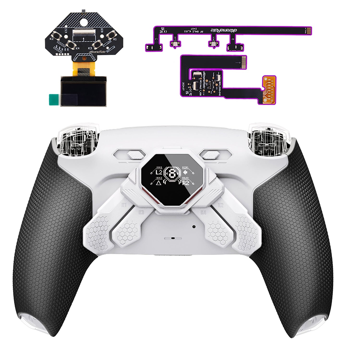 eXtremeRate SPARK Back Paddles Kit with OLED Display & Clicky Trigger Stops & Ergonomic Grips for PS5 Controller BDM-030/040/050 - Rubberized White & Black eXtremeRate