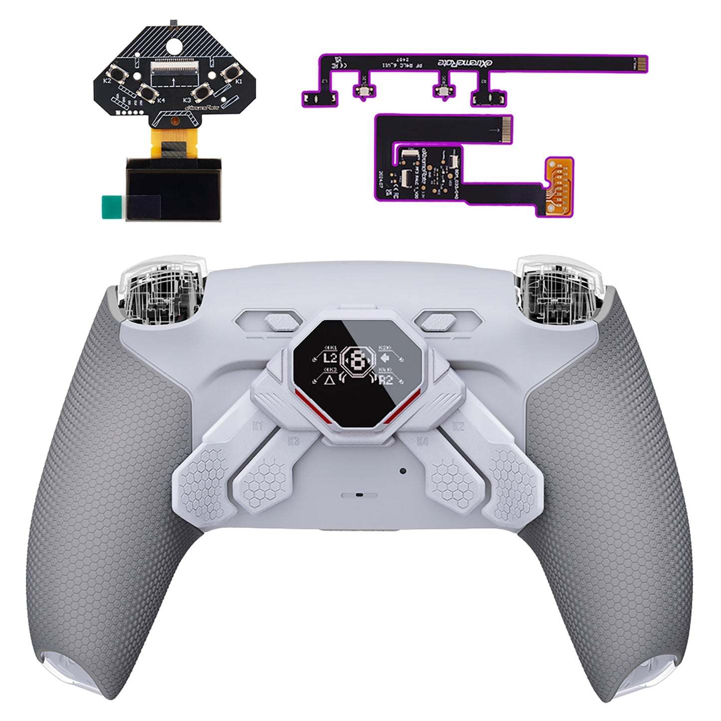 eXtremeRate SPARK Back Paddles Kit with OLED Display & Clicky Trigger Stops & Ergonomic Grips for PS5 Controller BDM-030/040/050 - Rubberized White & Gray eXtremeRate